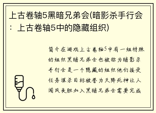 上古卷轴5黑暗兄弟会(暗影杀手行会：上古卷轴5中的隐藏组织)